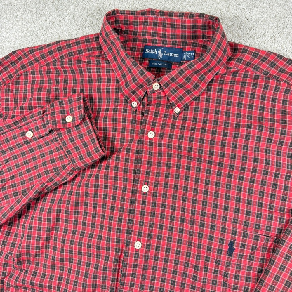 Ralph Lauren Button Down Men 2XLT Red Plaid Long Sleeve Pony Logo Shirt